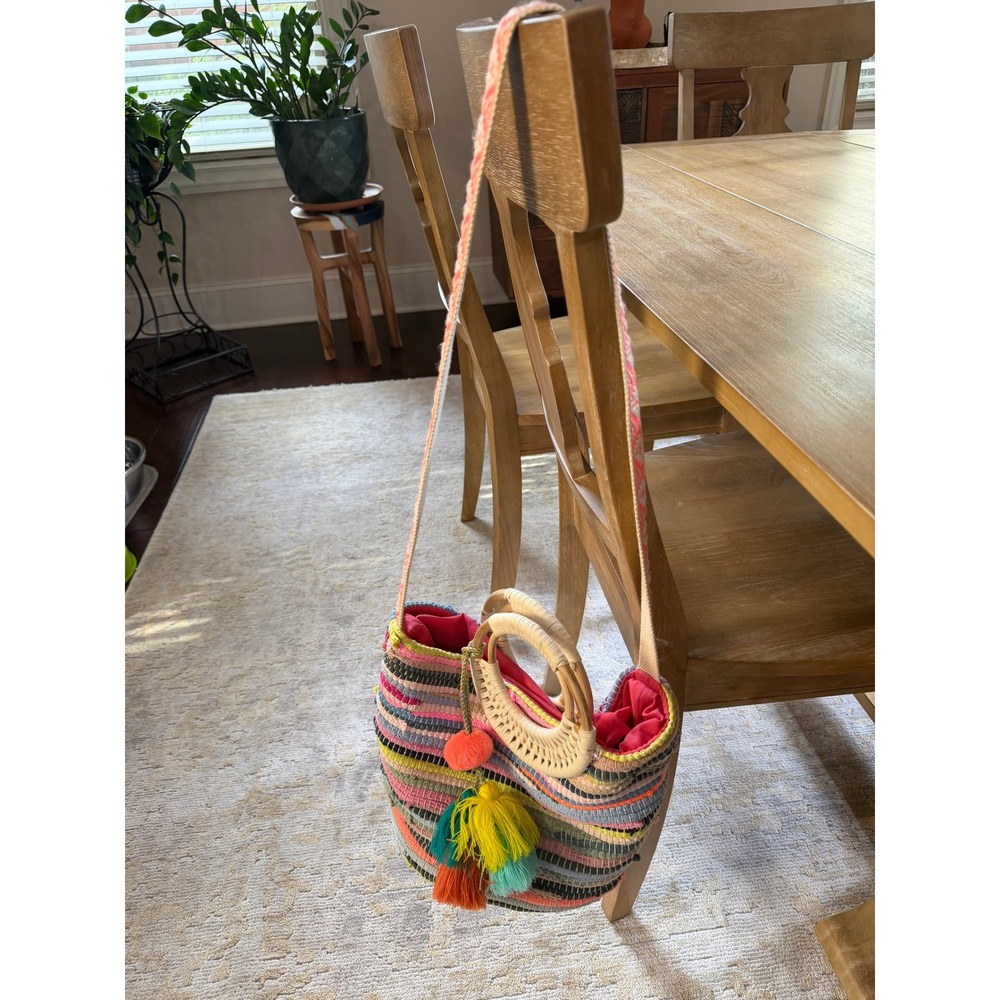 America & Beyond Woven Rag Rug Tote Bag Multicolor Boho Festival Beach Tassel
